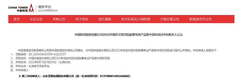 圣阳股份连续中标中国电信高功率电池集采项目、中国铁塔铅蓄电池集采项目