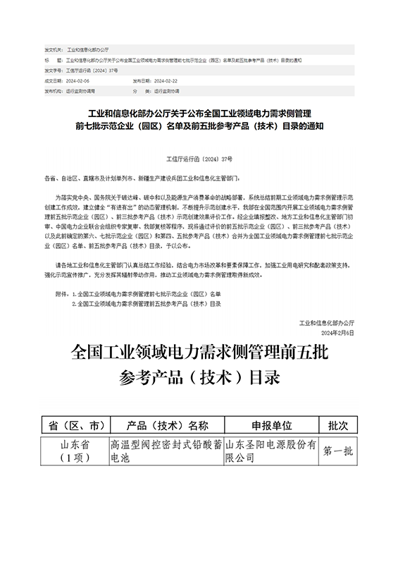 圣阳股份高温型铅蓄电池产品通过全国工业领域电力需求侧管理产品（技术）评价